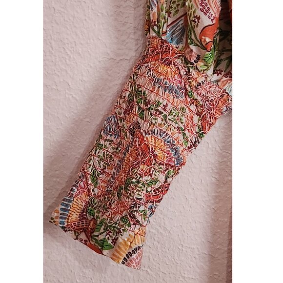 FARM Rio Pink Floral Macaw Print Puff Sleeve Midi Dress Size M - Picture 9 of 17